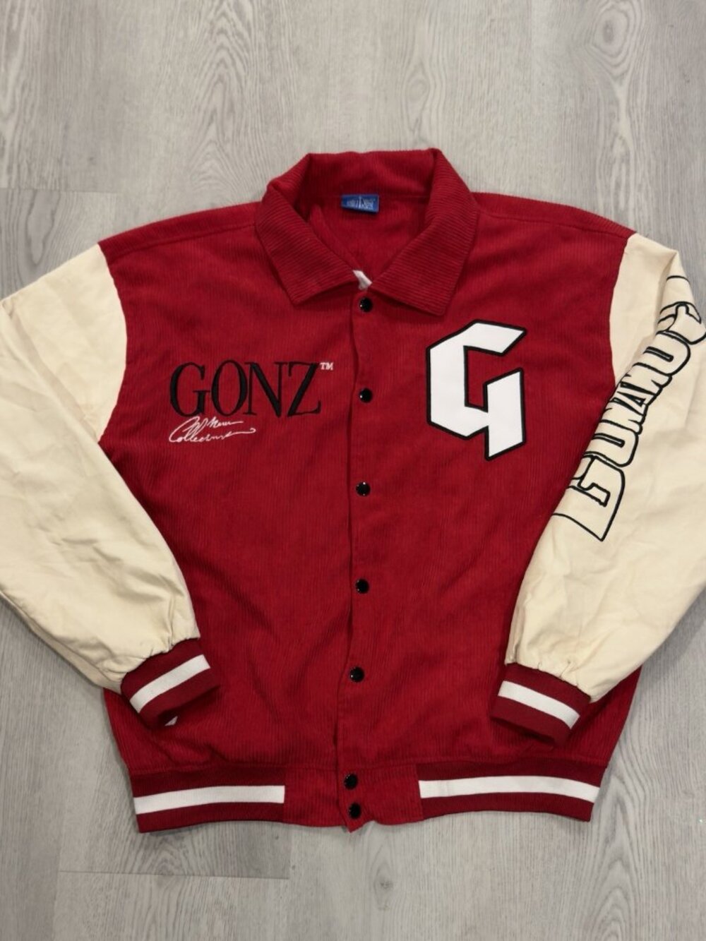 Gonz Red Corduroy Varsity Jacket Cream Sleeves Embroidered G Size L